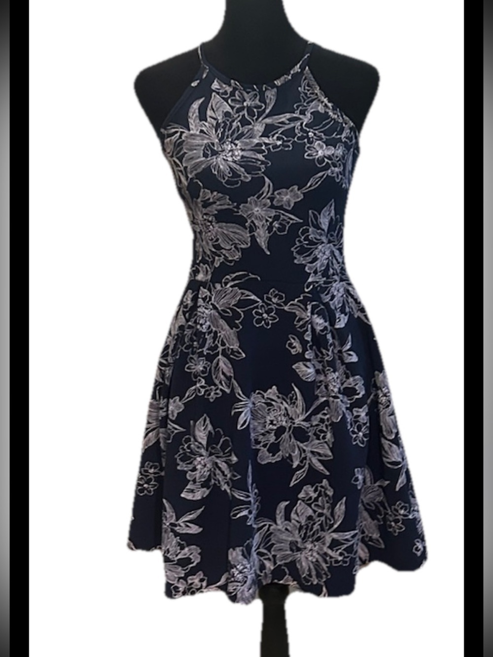 Soprano Blue White Floral Halter Fit & Flare Sleeveless Short Junior- S